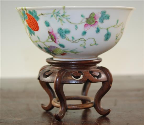 A Chinese famille rose lychees bowl, Guangxu mark and of the period (1875-1908), 13.5cm., wood stand